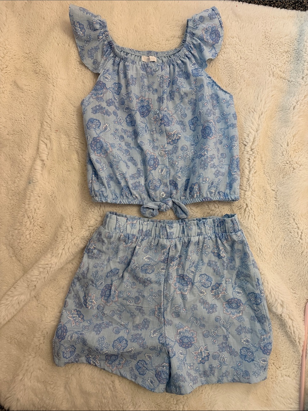 btween Light Blue Floral Tie-Front Top and Shorts Set